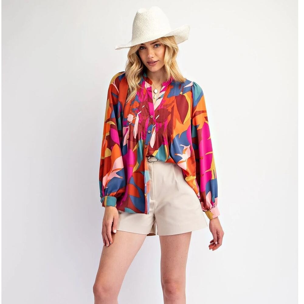 Easel The Sophia Colorful Abstract Twill Pleated Button Down Top M